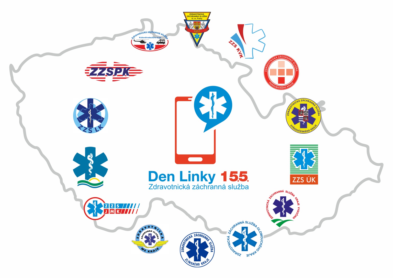 Mapa ČR s logy všech ZZS a logem Dne linky 155